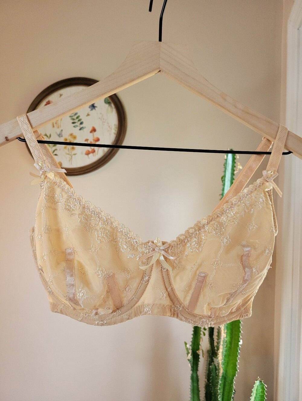 Frederick's of Hollywood Unlined Underwire Beige Sheer Embroidered Bra 34DDD/F